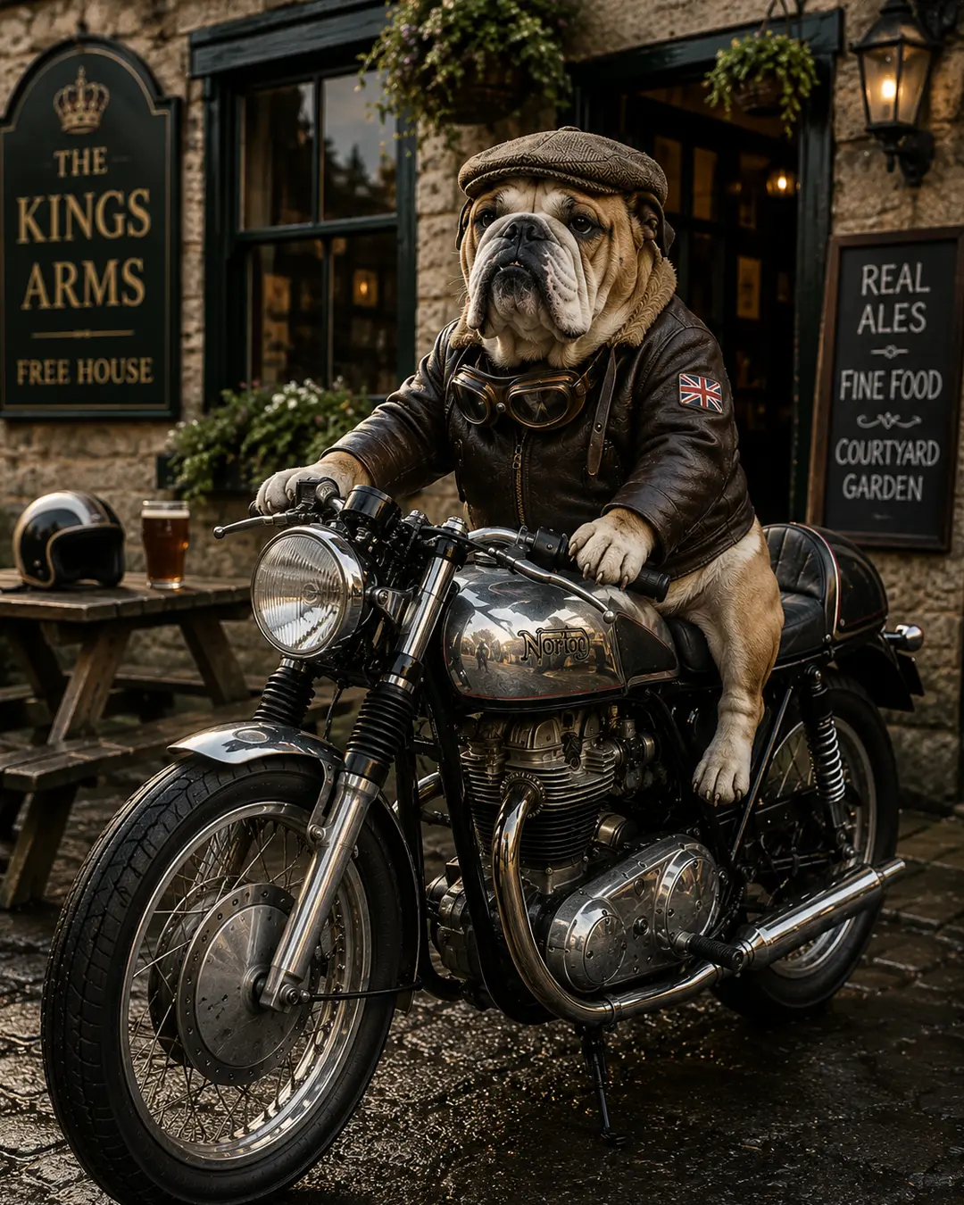 English Bulldog in a leather jacket and flat cap sits proudly on a classic café racer motorcycle outside a traditional British pub.