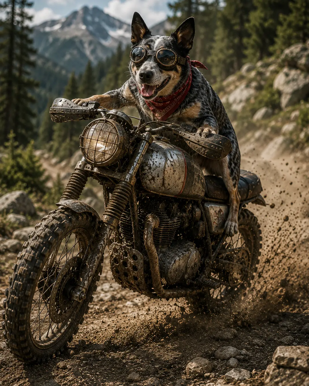 Australian Cattle Dog in goggles tears along a rugged mountain trail on a mud-covered scrambler motorcycle, kicking up dirt and rocks.