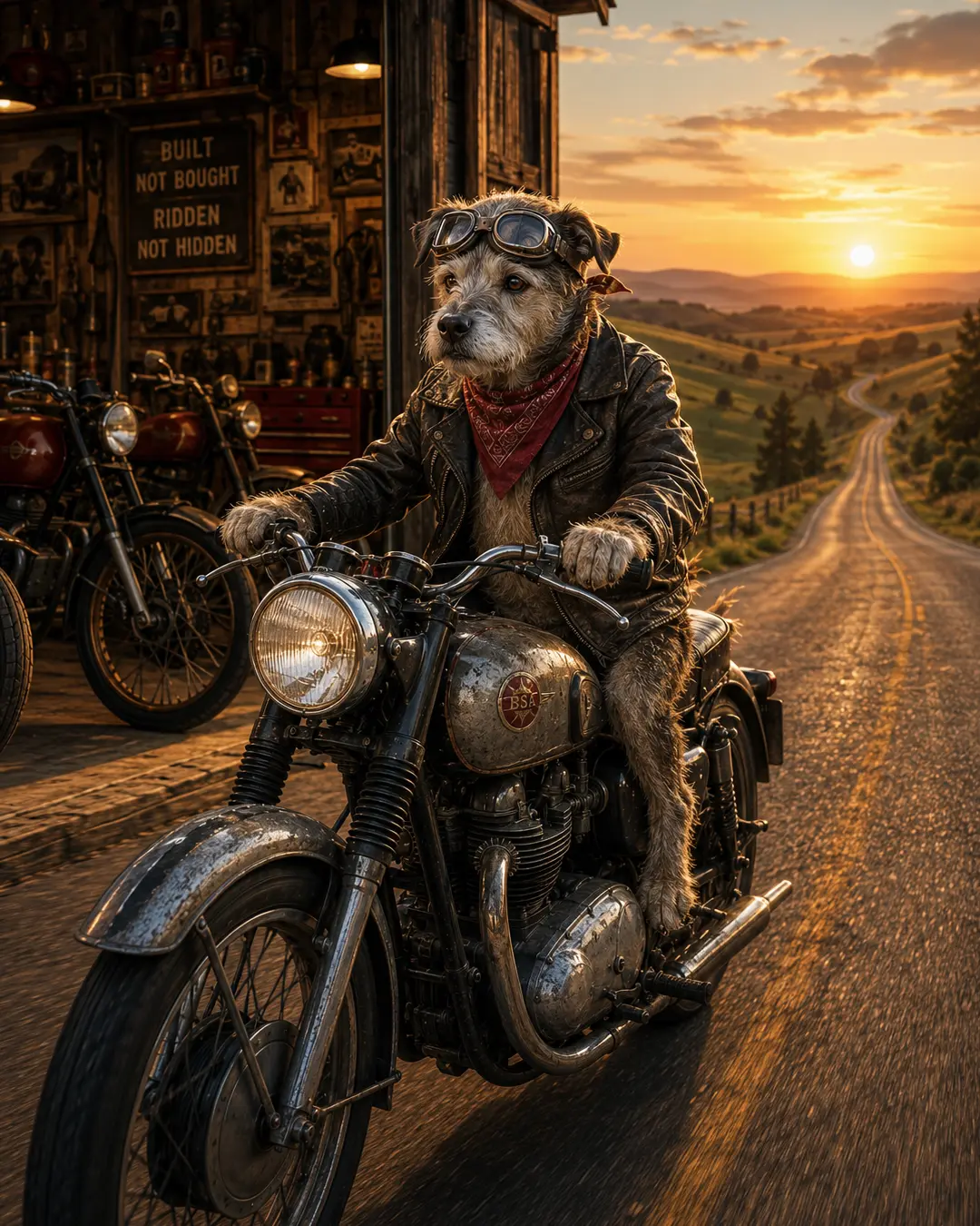 Scruffy terrier in goggles and a leather jacket rides a weathered vintage motorcycle from a rustic workshop into a glowing country sunset.