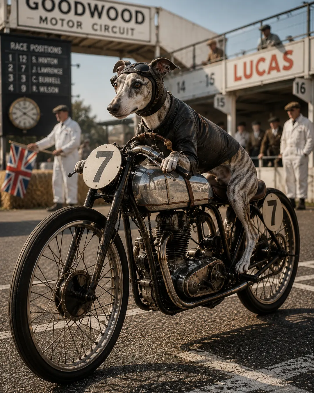 Greyhound racer in vintage leather gear straddles a classic number 7 motorcycle at Britain’s historic Goodwood Motor Circuit.