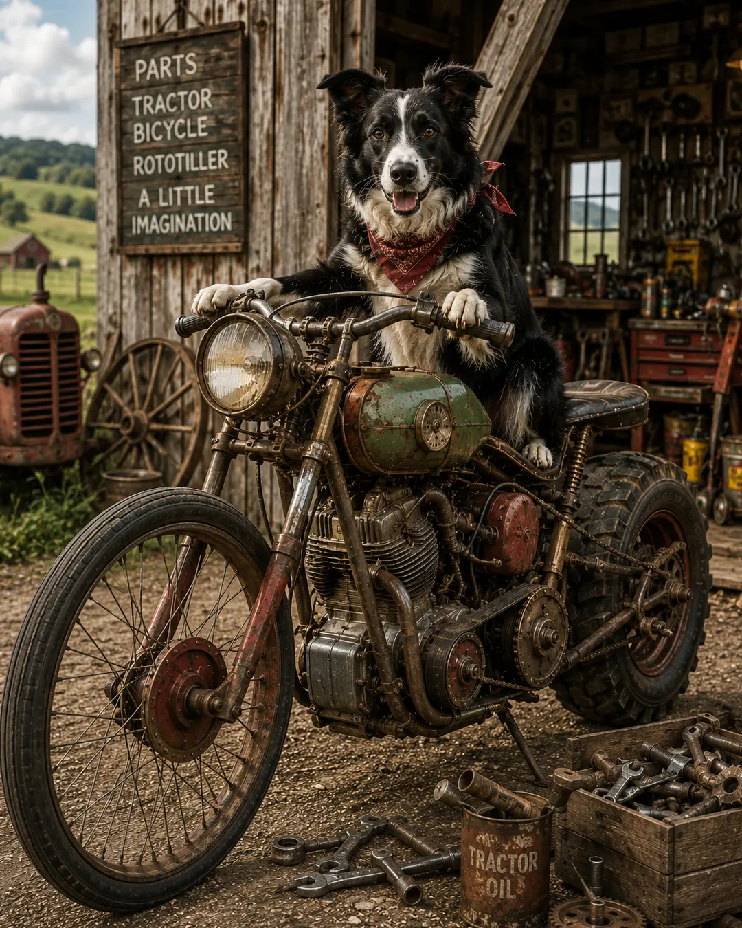 Border Collie proudly rides a homemade scrap-metal motorcycle built from old farm machinery, bicycle parts and plenty of imagination.
