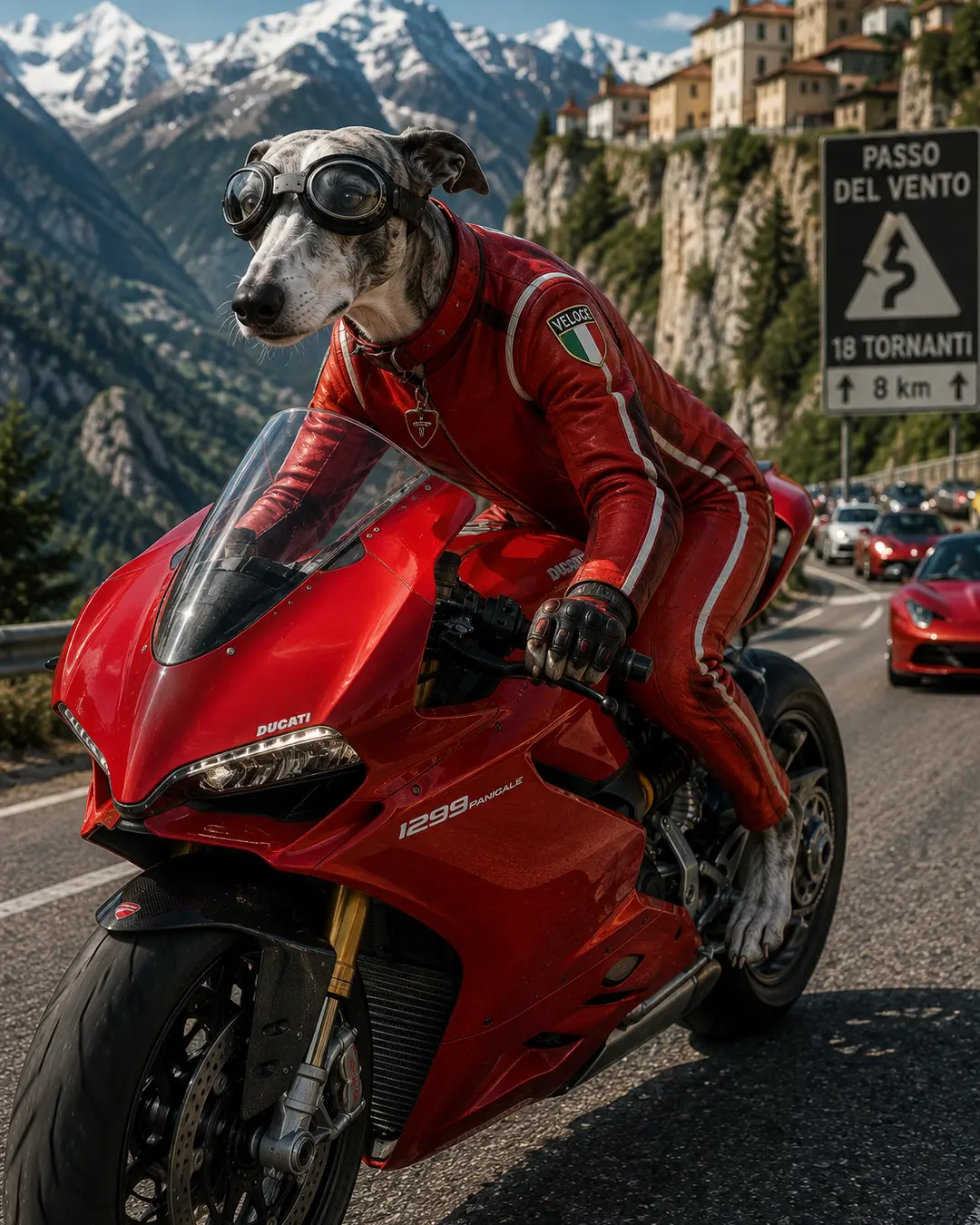 Greyhound in red racing leathers and goggles rides a sleek red sport bike along a winding mountain road in the Italian Alps.