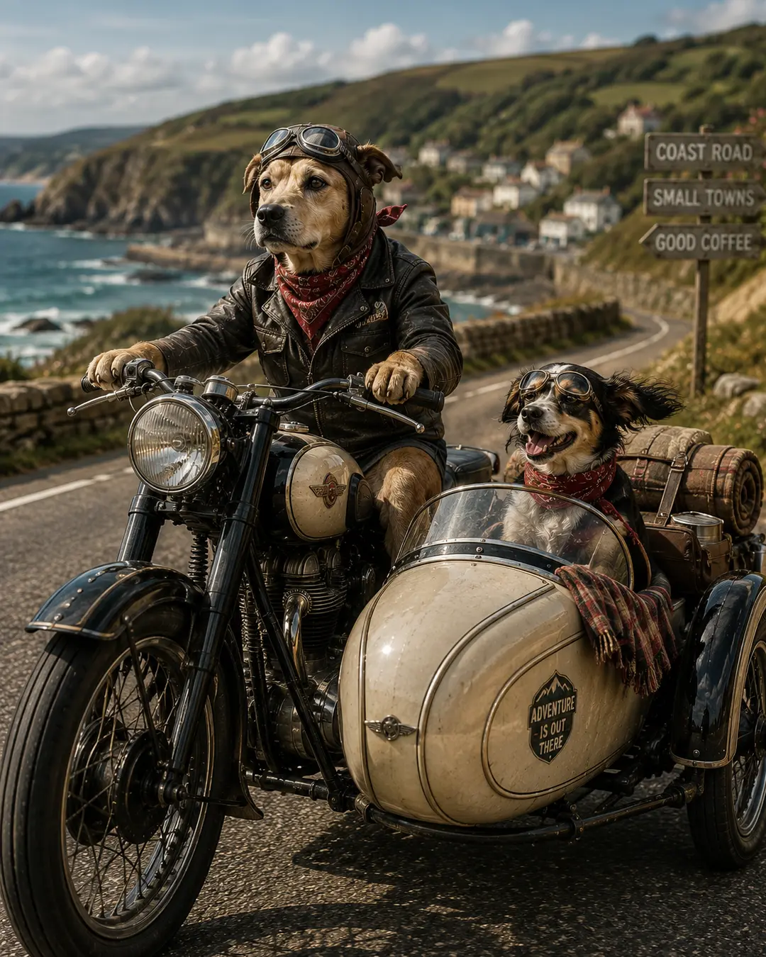 Two adventurous dogs ride a vintage motorcycle and sidecar along a scenic coastal road, dressed in leather jackets, goggles and bandanas.