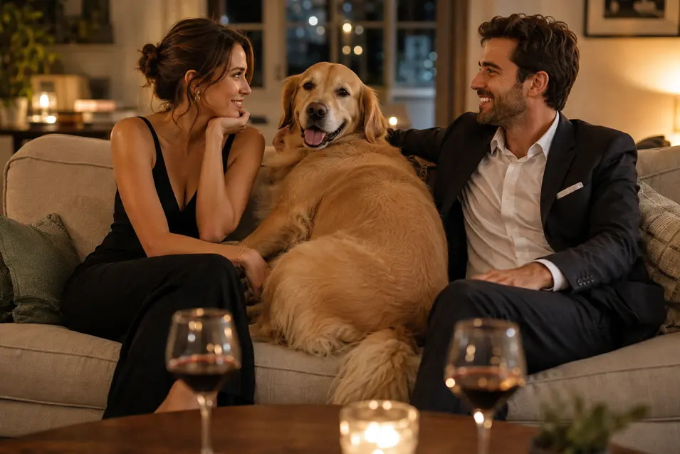 A couple shares a romantic evening on the sofa while their very happy dog wedges itself firmly between them.