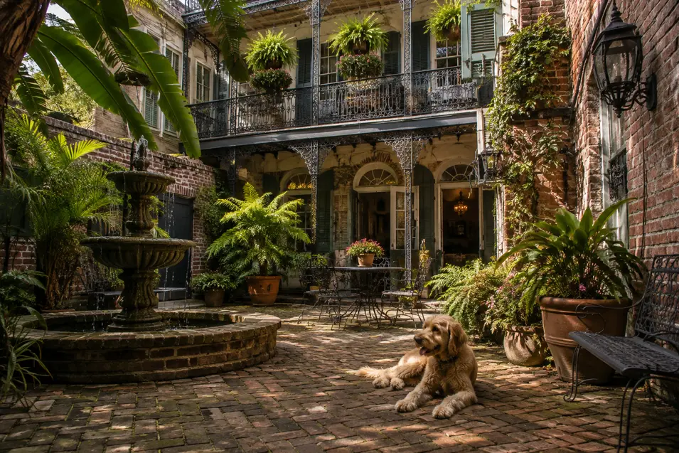 New Orleans courtyard with brick walls, iron balconies, a stone fountain, tropical greenery, and a dog lounging peacefully in the shade.