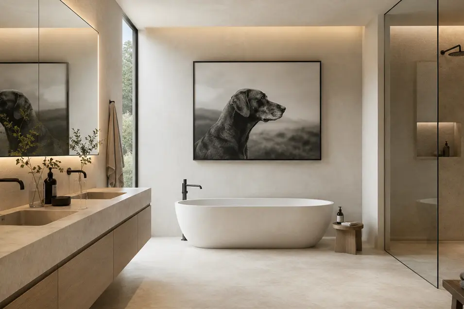 Serene modern bathroom with warm neutral tones, a freestanding tub, glass shower, floating vanity, and striking black-and-white dog portrait.