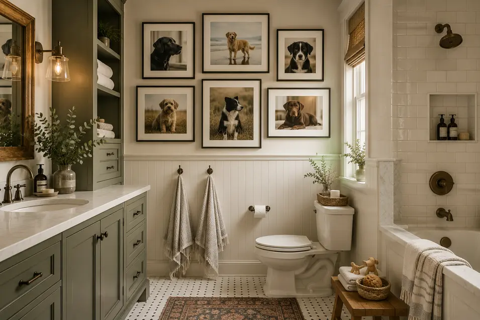 Cozy traditional bathroom with sage cabinetry, classic tile, warm brass accents, and a charming gallery wall of framed dog photography.
