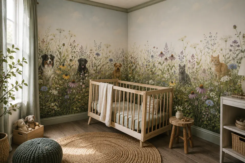 A wildflower meadow pet mural nursery where dogs and cats peek through abundant blooms, creating a soft, whimsical garden atmosphere.