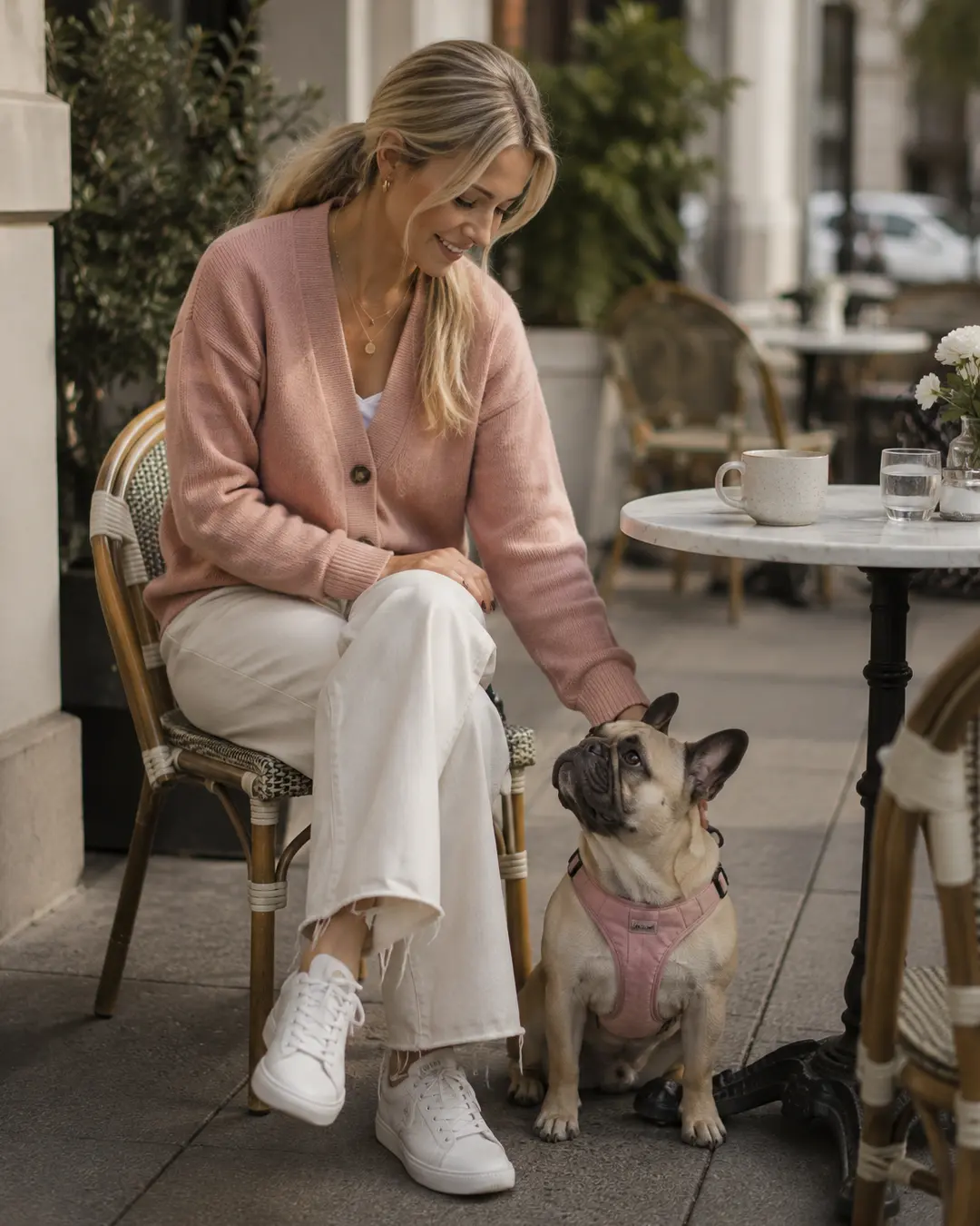 A blonde woman in a soft pink cardigan relaxes at an outdoor café with her French Bulldog wearing a matching pink harness.