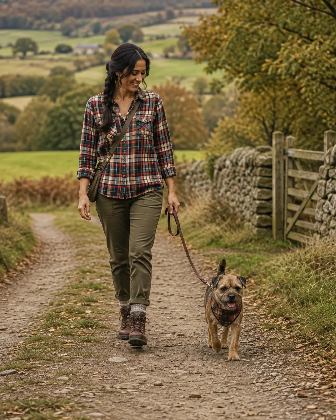 A woman in cozy plaid walks her small terrier along a rustic country path surrounded by rolling hills and warm autumn scenery.