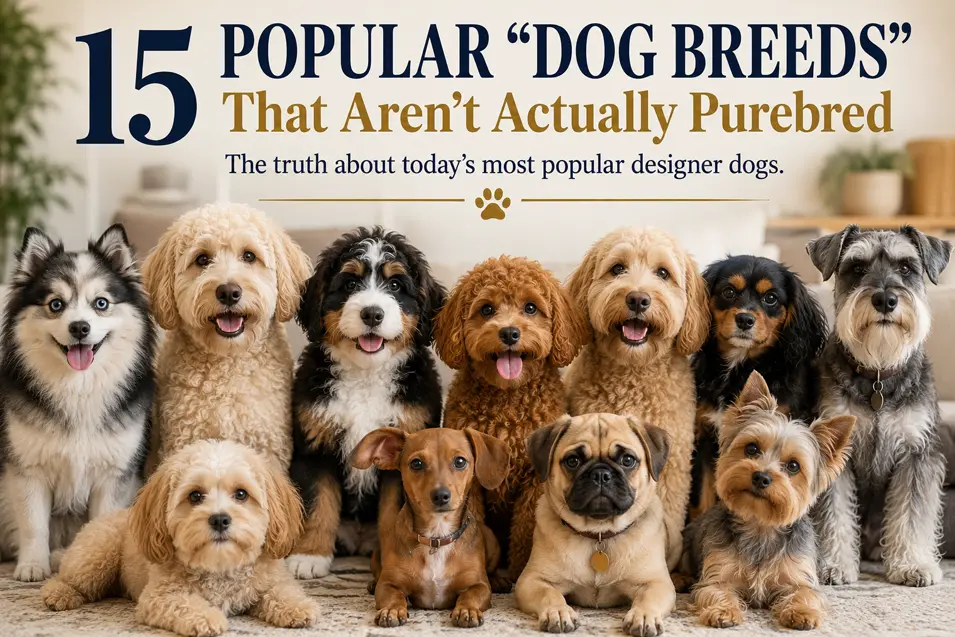 A cheerful lineup of designer dogs introduces 15 popular “dog breeds” that aren’t actually purebred, highlighting the truth about modern mixed breeds.