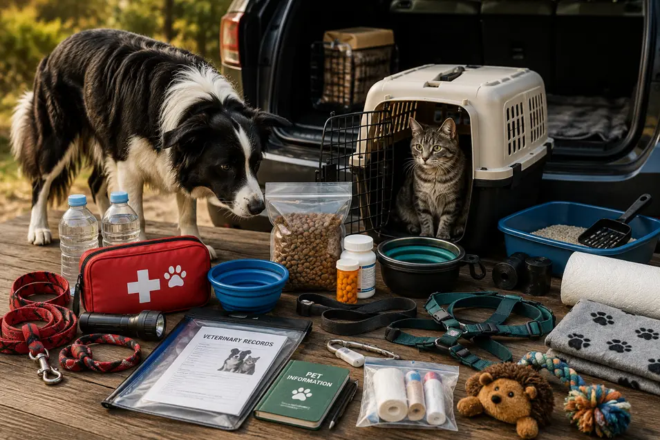 Border Collie and tabby cat beside an SUV with pet food, water, carriers, first-aid supplies, leashes and other emergency essentials.