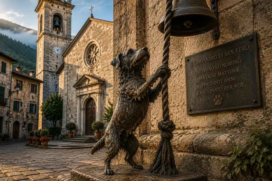 A bronze dog statue rings a church bell in a charming Italian village, honoring a faithful canine who served the community for years.