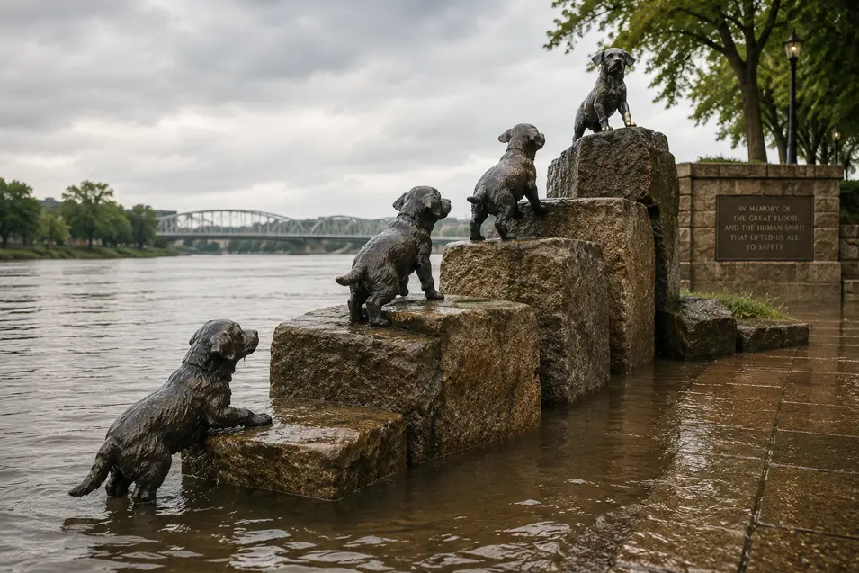 A riverside memorial shows bronze dogs climbing stone steps from floodwaters, symbolizing courage and survival during a devastating flood.