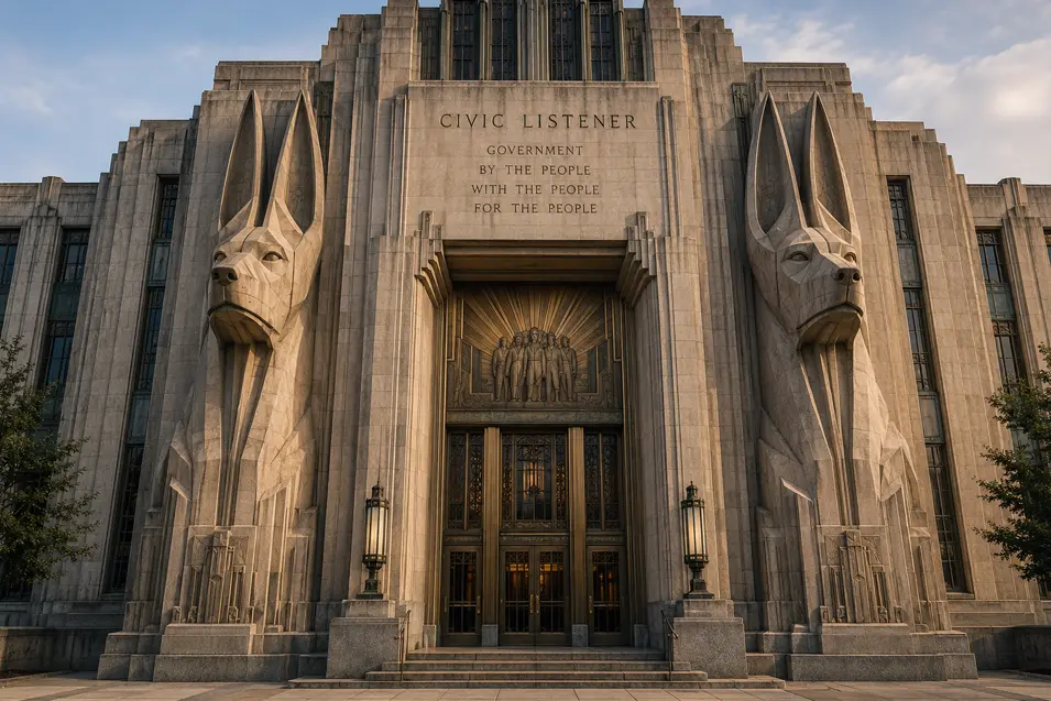 A grand Art Deco civic building features two monumental geometric dog sculptures flanking its ornate entrance.