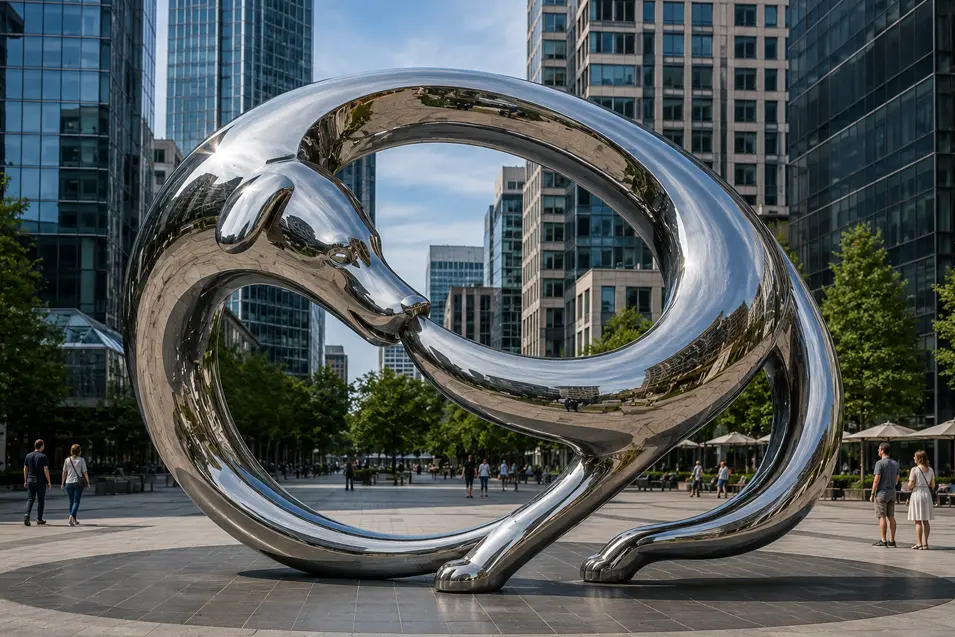A monumental polished steel dog sculpture forms a sweeping circular shape in a modern city plaza surrounded by glass skyscrapers.