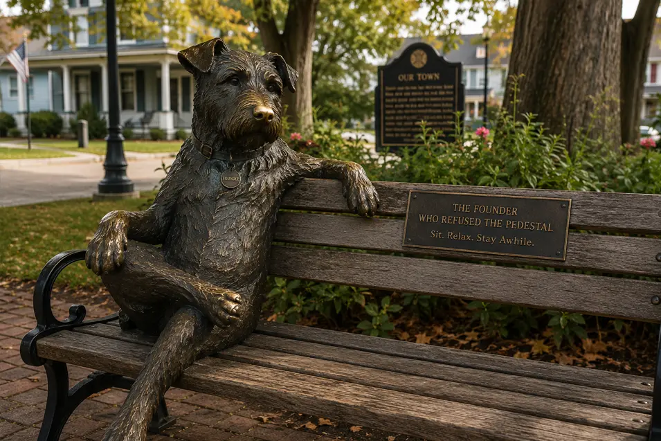A relaxed bronze dog statue lounges on a park bench, humorously honoring the town’s founder who “refused the pedestal.”