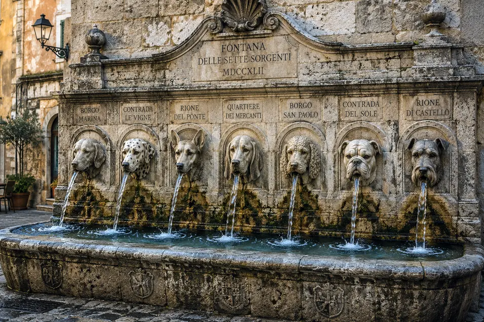An ornate stone fountain features seven sculpted dog heads pouring water into a basin in a charming historic Italian town.