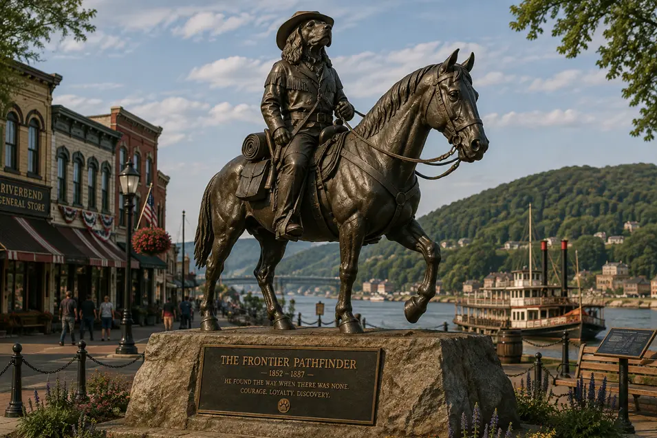 A bronze statue of a cowboy dog riding a horse overlooks a charming historic riverfront town with shops, hills, and a steamboat.