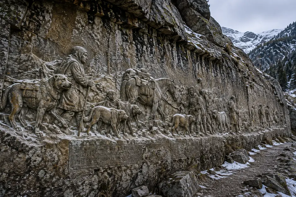 A vast stone relief depicts travelers, pack animals, and dogs crossing a rugged mountain pass surrounded by snowy peaks.