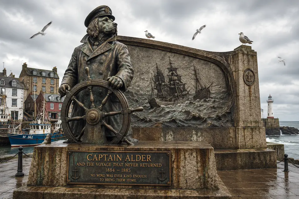A bronze statue of a sea captain dog at a ship’s wheel stands beside a stormy maritime memorial in a historic harbor town.