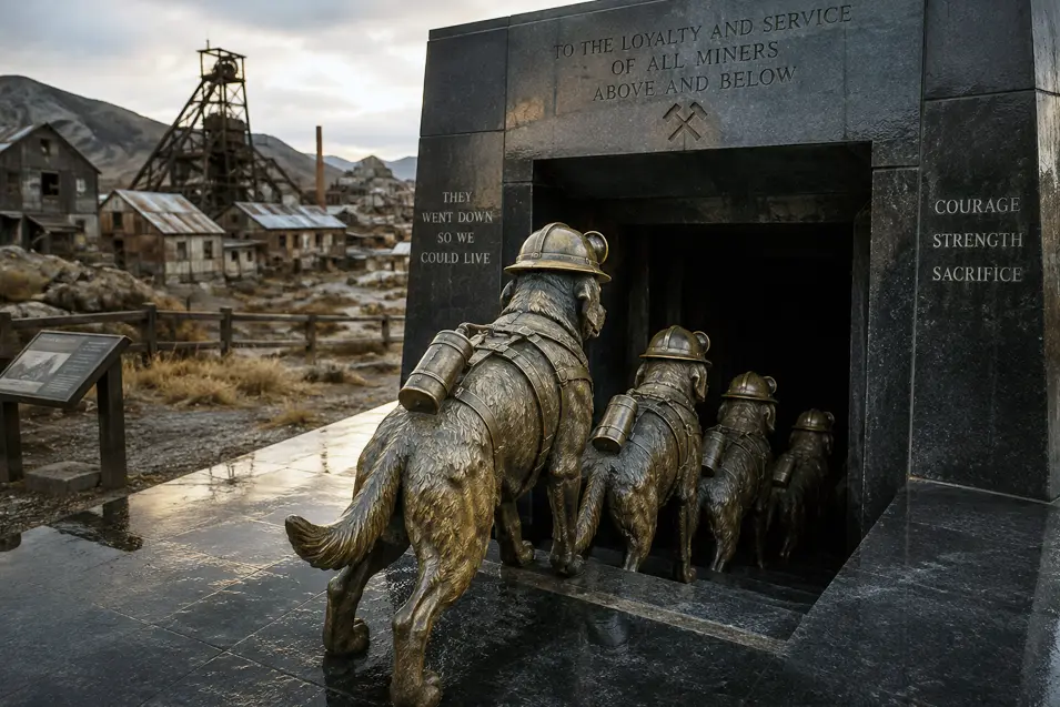 A bronze memorial shows helmeted working dogs descending into a mine, honoring the courage, loyalty, and sacrifice of miners and their dogs.