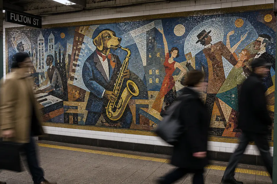 A colorful subway mosaic depicts a suited dog playing saxophone in a lively jazz scene as commuters hurry past.