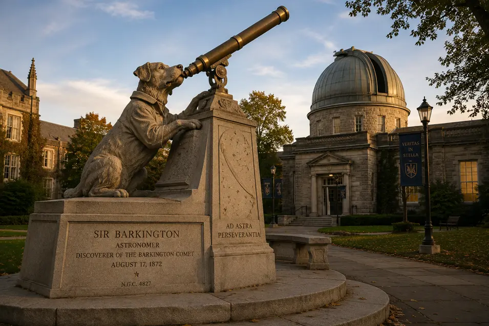 A bronze dog astronomer peers through a telescope beside a grand observatory, commemorating the discovery of the fictional Barkington Comet.