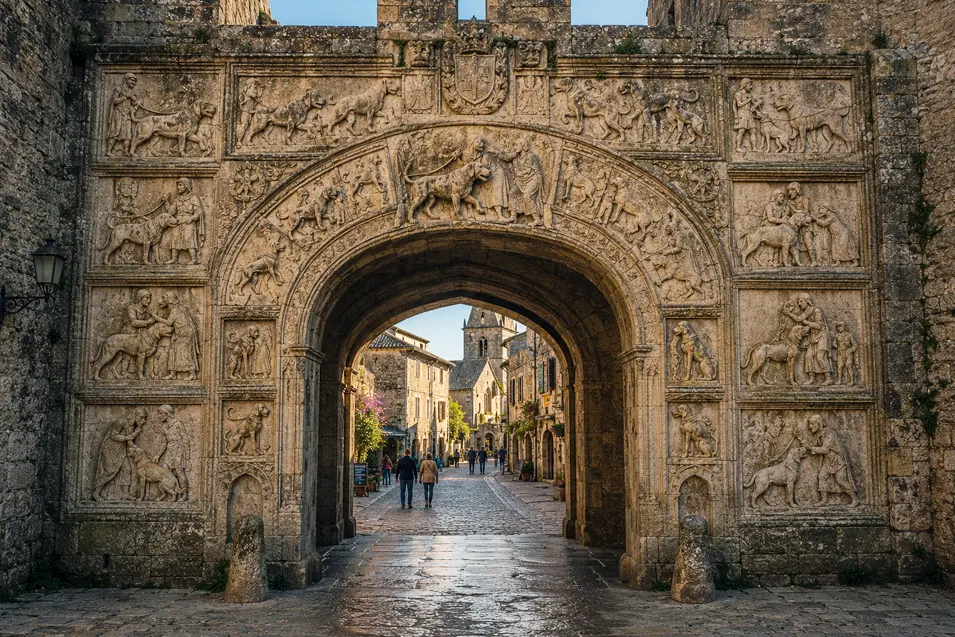 A grand medieval stone gateway is decorated with intricate reliefs of dogs and their handlers, opening onto a historic cobbled street.