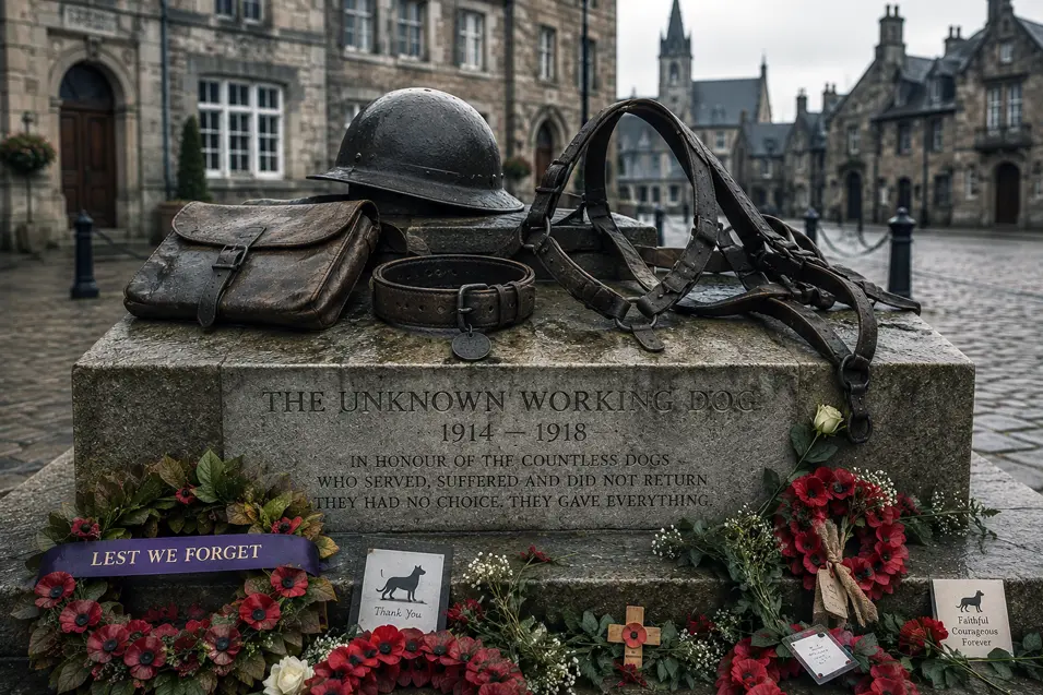 A solemn memorial honors working dogs of World War I with a helmet, harness, collar, poppy wreaths, and heartfelt tributes.