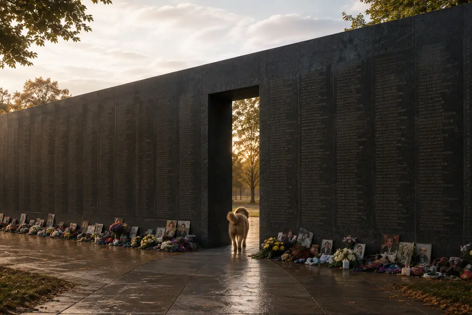 A dog walks through a towering black memorial wall engraved with names, surrounded by flowers, photographs, and tributes at sunset.