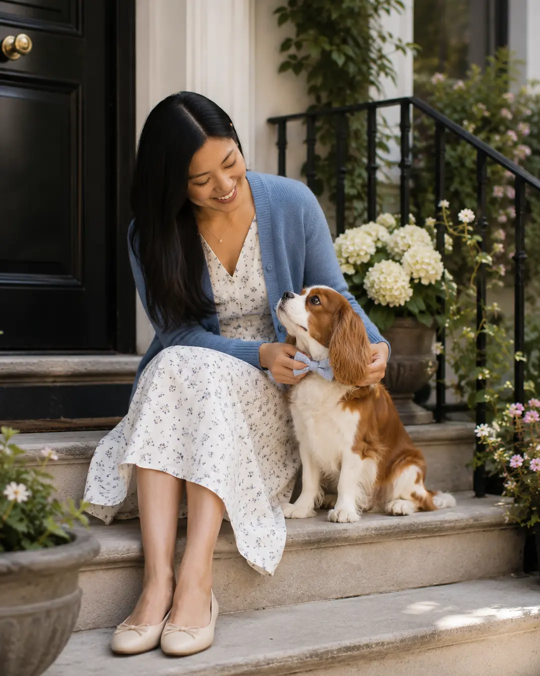 A woman in a floral dress and blue cardigan sits on her front steps with a Cavalier King Charles Spaniel wearing a matching blue bow tie.