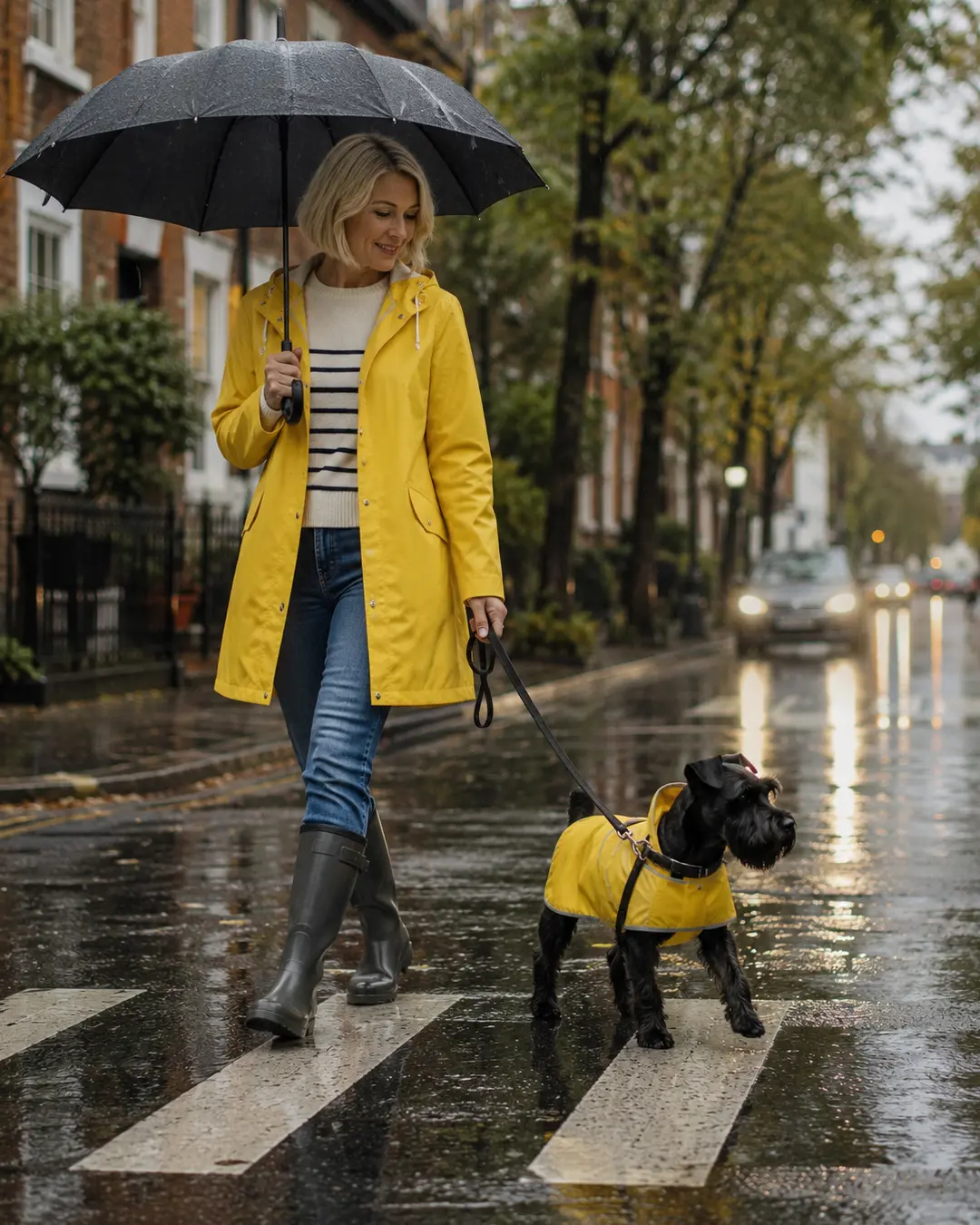 A woman and her black dog wear matching yellow raincoats while crossing a rain-soaked city street beneath an umbrella.