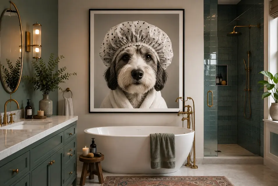 Stylish bathroom with sage cabinetry, teal tile, brass fixtures, a freestanding tub, and oversized dog art featuring a playful shower-cap portrait.
