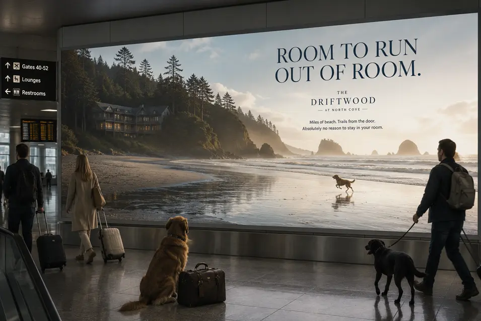 Airport hotel billboard features a dog racing along a wild beach, promoting a coastal getaway with plenty of room for pets to explore.