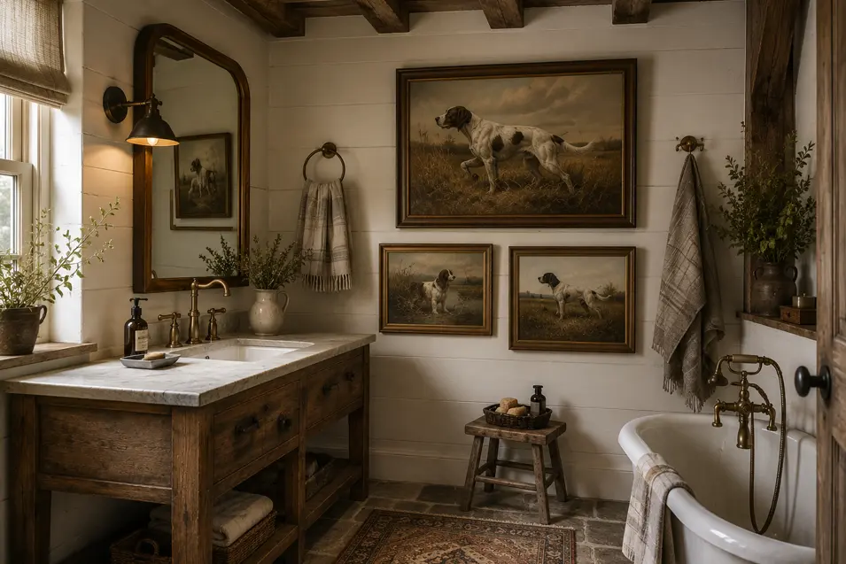 Rustic farmhouse bathroom with exposed beams, weathered wood, a clawfoot tub, antique brass fixtures, and vintage hunting dog artwork.