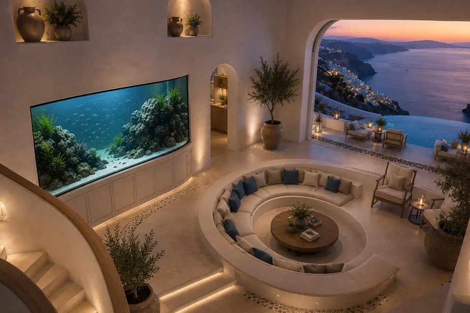 Luxurious Santorini-style lounge with a circular conversation pit, panoramic reef aquarium, infinity pool, and sweeping Aegean sunset views.