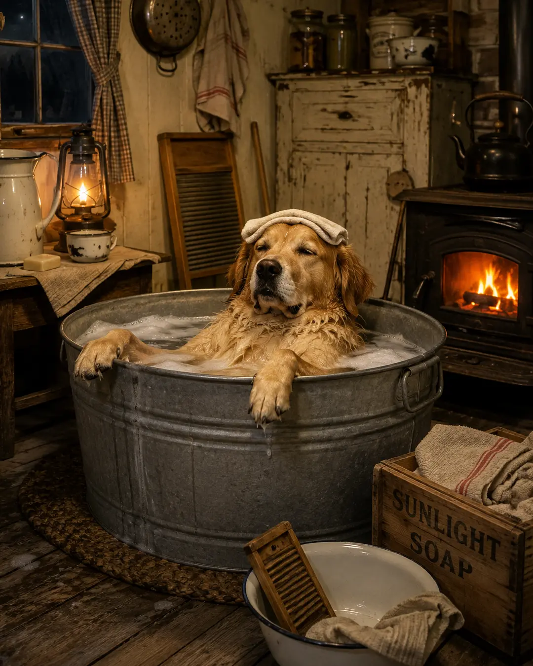 A golden retriever enjoys a relaxing bubble bath in a galvanized tub beside a glowing wood stove in a cozy vintage farmhouse.