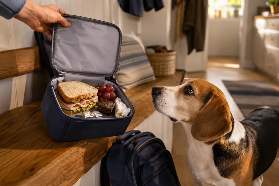 A curious Beagle eyes a school lunch with a sandwich, grapes, chocolate and gum as someone lifts it safely out of reach.