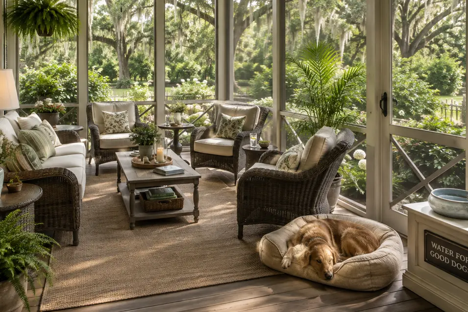 Elegant screened porch with wicker seating, ceiling fans, a dog bed and water station overlooking a lush Southern garden beneath live oaks.
