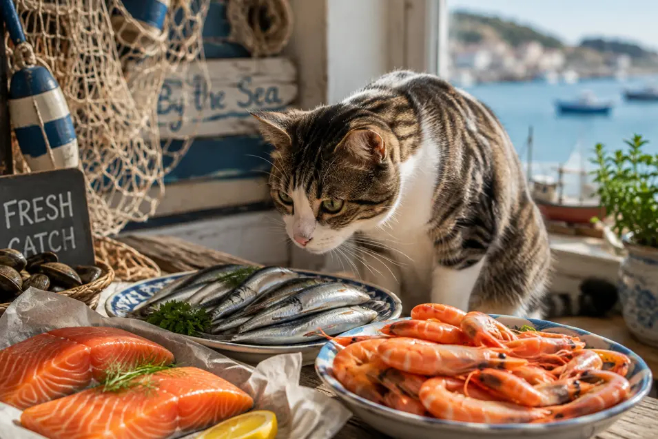 Tabby cat inspecting a fresh seafood spread of salmon, sardines, shrimp, and mussels by a sunny seaside window.