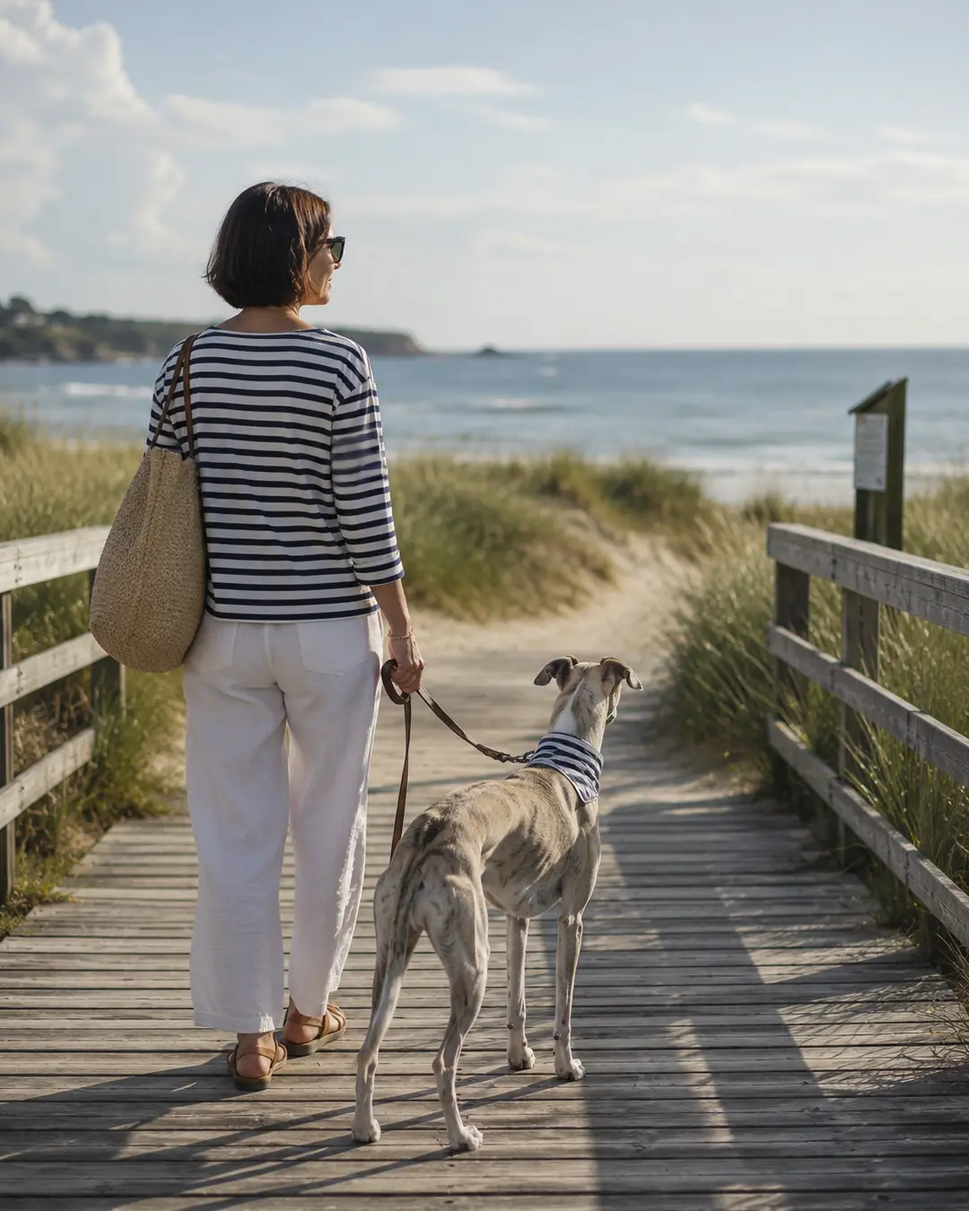A woman and her dog wear matching nautical stripes as they stroll along a sunny boardwalk toward the beach and ocean.