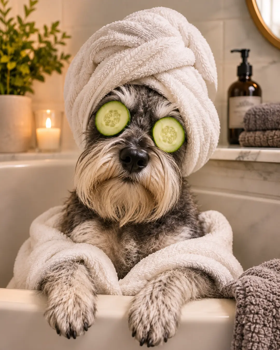 Schnauzer enjoys a relaxing spa treatment in the bathtub, wrapped in fluffy towels with refreshing cucumber slices over its eyes.