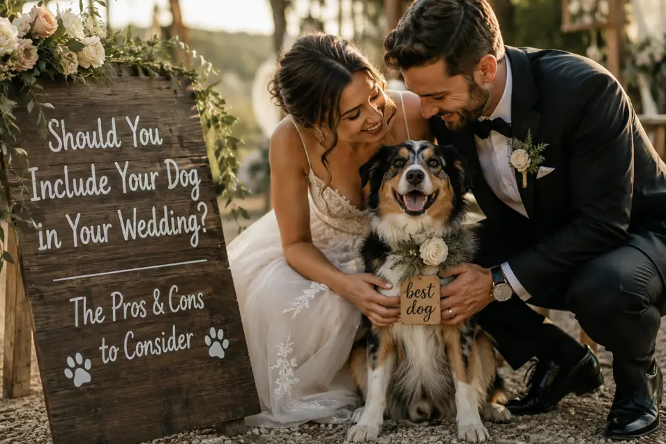 A bride and groom cuddle their happy dog at an outdoor wedding, capturing the joy of including a beloved pet in the celebration.