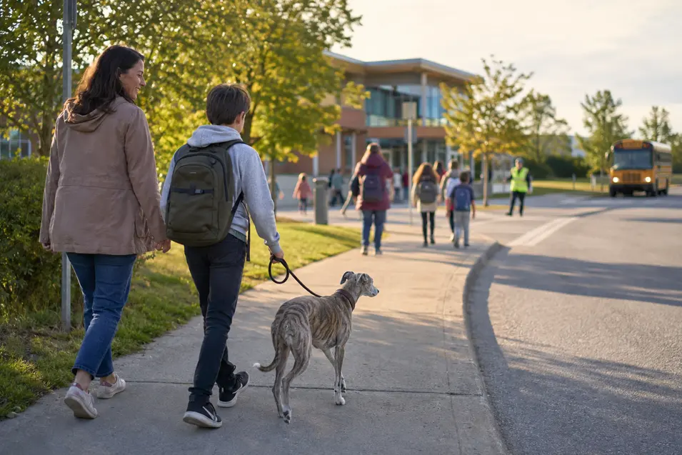 A child walks a calm Whippet toward school with a parent beside them as families and a school bus arrive nearby.