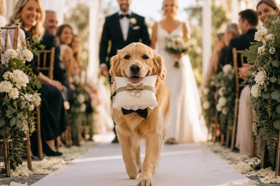 A dog carries a ring pillow down the wedding aisle as the smiling bride, groom and guests watch from behind.