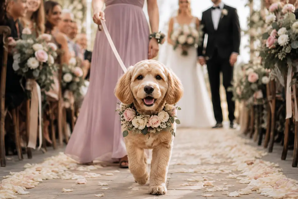 A happy flower dog wearing a floral collar walks down the wedding aisle with a bridesmaid as the bride, groom and guests look on.