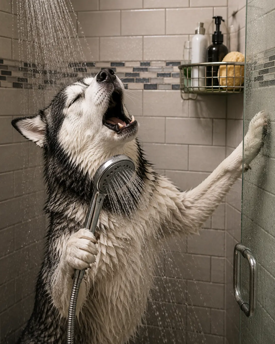 Husky belts out a shower song while holding the handheld showerhead like a microphone in a modern tiled bathroom.