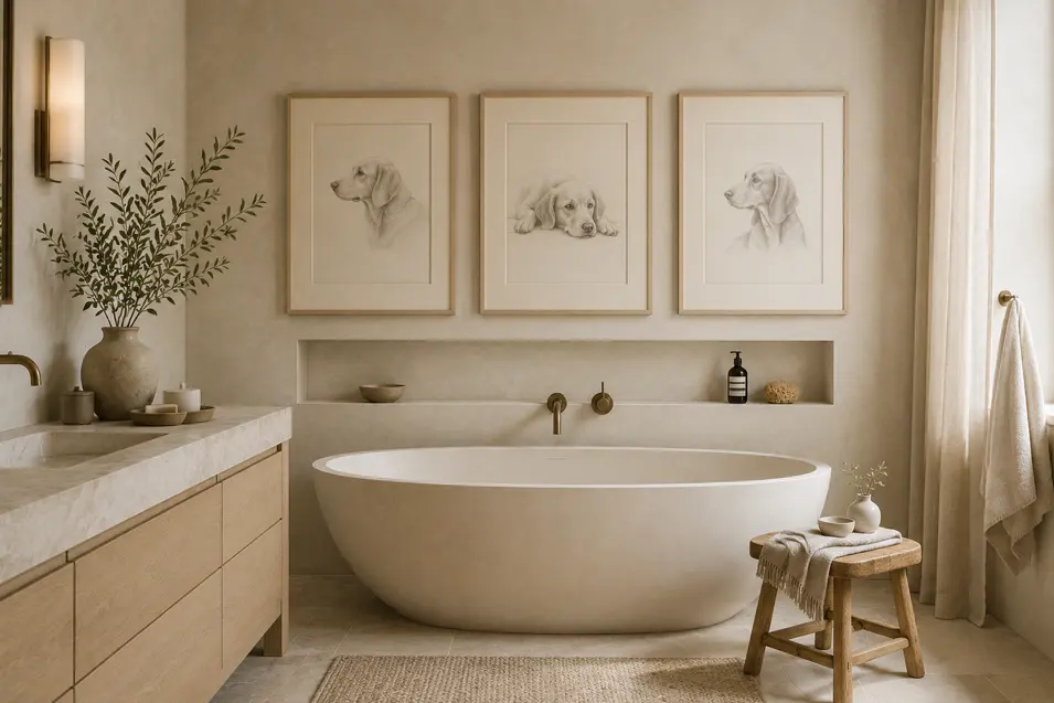 Serene neutral bathroom with a sculptural tub, pale wood vanity, soft natural light, and three delicate framed dog sketches above the bath.