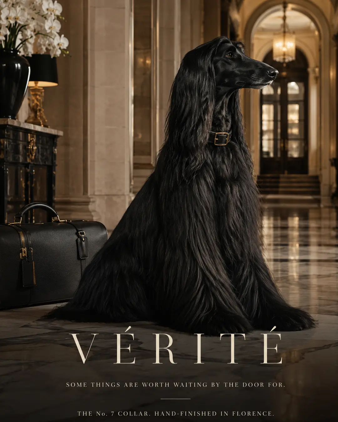 Luxury dog collar ad featuring an elegant black Afghan Hound in a grand hotel lobby beside a leather travel bag.